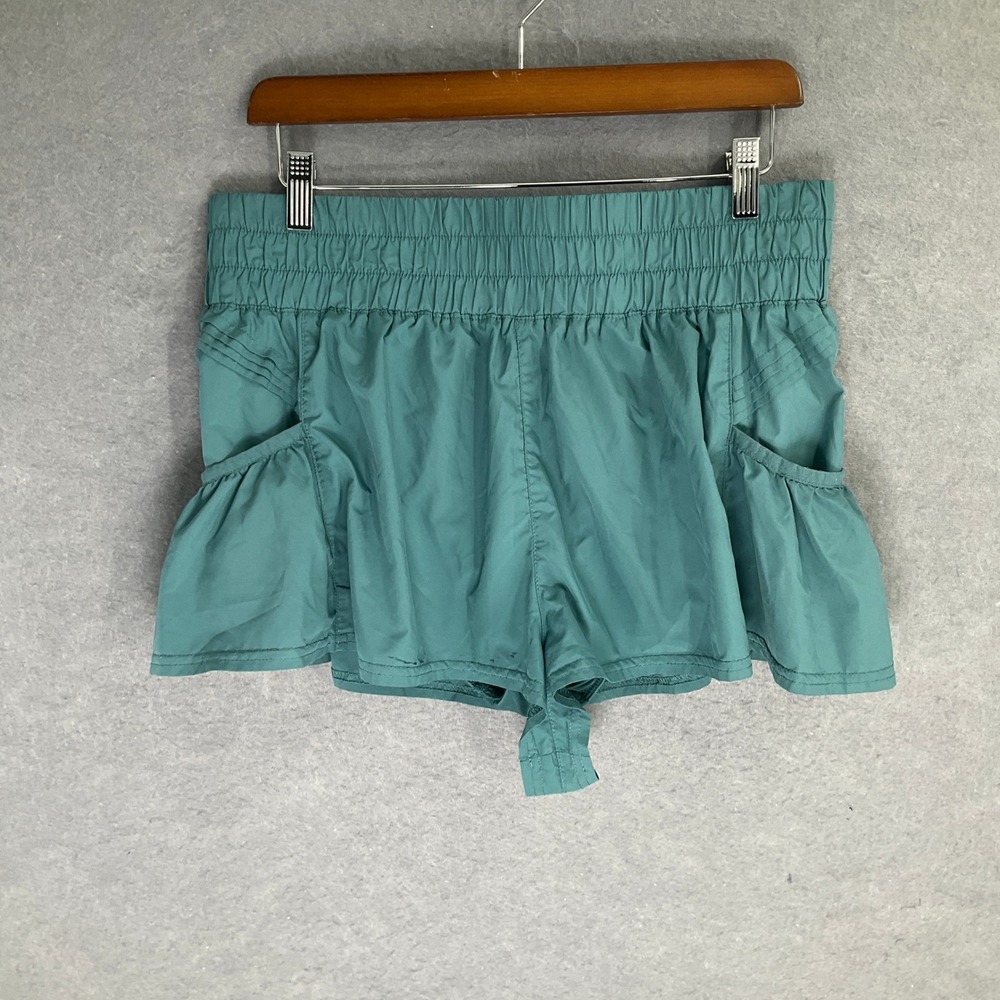 FP Movement Shorts Womens Sz L Teal Blue Athletic Running Ruffle Pockets